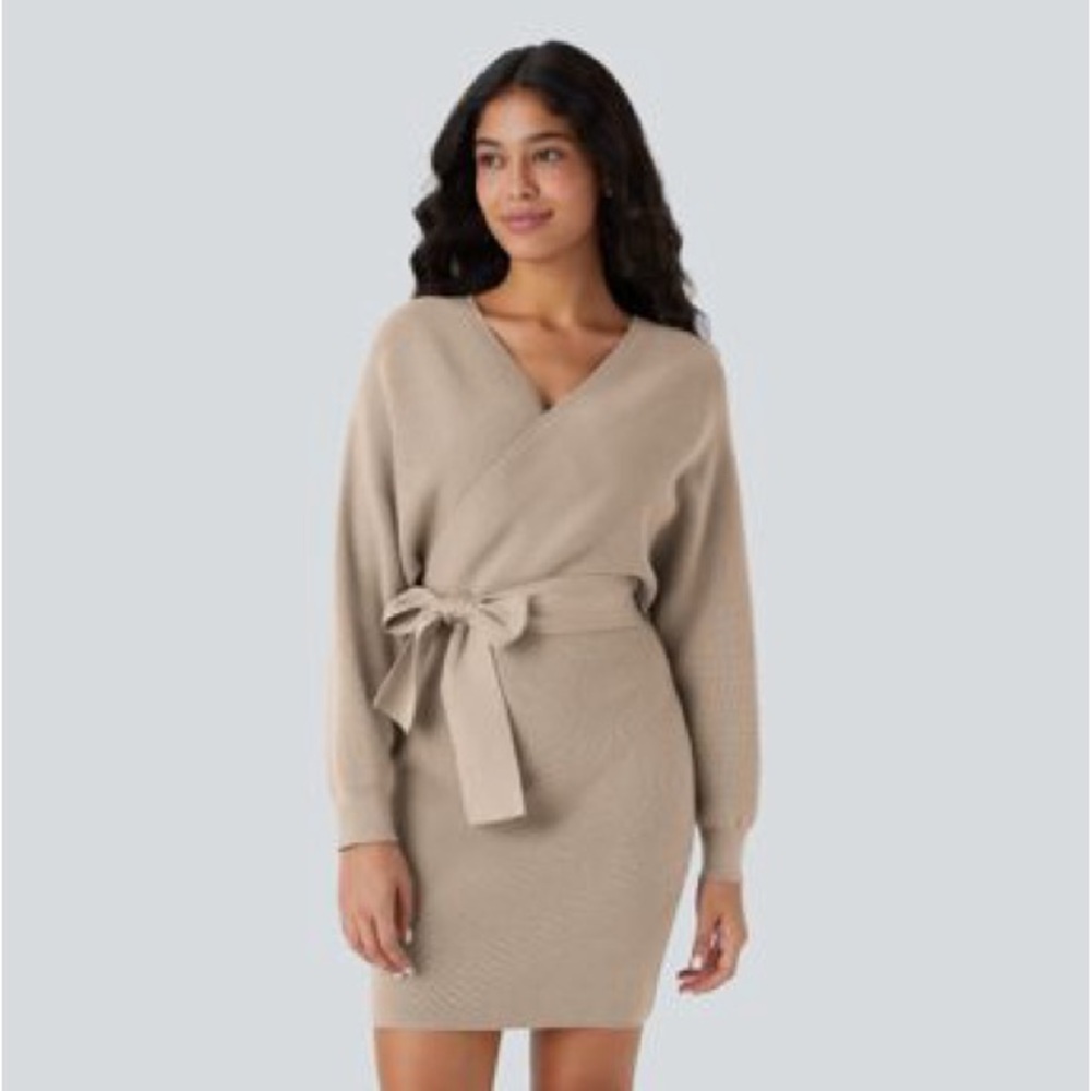 HALARA crossover v-neck long sleeve belted casual sweater dress